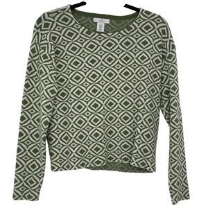 Halston Women's Olive Green Geometric Pattern Long Sleeve Knit Sweater Size XS